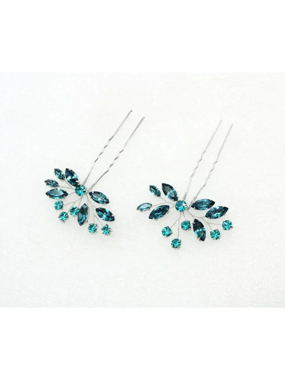 Stunning Teal Rhinestone Floral Hair Pins Set - Elegant Accessories (2 Pcs)